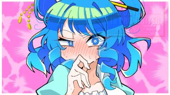 1girl blue_dress blue_eyes blue_hair blush commentary_request dress embarrassed hair_ornament hair_stick hand_on_own_face kaku_seiga looking_at_viewer medium_hair neosiromaruzmc nose_blush one-hour_drawing_challenge short_hair solo sweat sweatdrop touhou