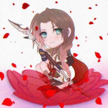 1girl :3 aerith_gainsborough aerith_gainsborough_(guardian_corps_uniform) braid brown_hair cape chibi chibi_only cosplay elbow_gloves falling_petals final_fantasy final_fantasy_vii final_fantasy_vii:_ever_crisis fingerless_gloves floating gloves gradient_hair green_eyes hair_over_one_eye highres holding holding_staff light_blush lightning_farron lightning_farron_(cosplay) lux_spei multicolored_hair no_nose official_alternate_costume pants petals pink_hair pouch red_cape red_pants single_braid single_elbow_glove solo staff thigh_pouch veil white_veil