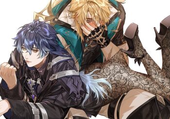 2boys alternate_costume ass blonde_hair blue_hair blush commentary crescent_(cgcrescent) english_commentary eyelashes flins_(genshin_impact) floral_print_pantyhose genshin_impact hand_on_own_face hooked_on_heel lace_pantyhose lace_pantyhose_hooked_on_heel_(meme) lips long_hair male_focus meme multiple_boys on_person short_hair simple_background thighs varka_(genshin_impact) white_background white_hair yaoi yellow_eyes