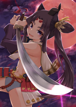 1girl armor asymmetrical_sleeves black_hair blue_eyes blue_panties blush breast_curtains breasts commentary_request detached_sleeves fate/grand_order fate_(series) feather_hair_ornament feathers full_moon hair_ornament hat highres holding holding_sword holding_weapon japanese_armor katana kusazuri long_hair looking_at_viewer medium_breasts mismatched_sleeves moon navel night open_mouth orihara13 outdoors panties parted_bangs purple_sleeves red_moon revealing_clothes shoulder_armor side_ponytail sky smile sode solo sword tassel tate_eboshi underwear ushiwakamaru_(fate) ushiwakamaru_(second_ascension)_(fate) very_long_hair weapon white_sleeves