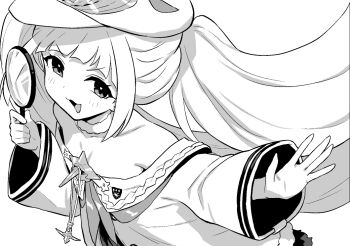 Rule 34 | 1girl, azur lane, azur lane: slow ahead, bare shoulders, dmitri donskoi (azur lane), greyscale, hat, holding, holding magnifying glass, hori (hori no su), long hair, looking at viewer, magnifying glass, monochrome, official art, open mouth, parka, peaked cap, simple background, solo, twintails, very long hair, white background