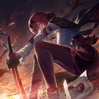 1girl arm_belt ass black_boots black_jacket black_shorts blush boots box breasts close-up clothing_cutout cloud cloudy_sky collared_shirt commentary_request eyewear_on_head feet_out_of_frame floating_hair flower frilled_sleeves frills from_below from_side gloves half-closed_eyes hand_on_own_arm high-waist_shorts highres holding holding_own_arm holding_sword holding_weapon honkai:_star_rail honkai_(series) jacket jacket_on_shoulders kafka_(honkai:_star_rail) large_breasts leather_belt light_rays long_hair long_sleeves looking_at_viewer looking_to_the_side multicolored_sky night night_sky nunsori on_box outdoors pantyhose pantyhose_under_shorts parted_bangs ponytail poster_(object) purple_eyes purple_gloves purple_hair purple_pantyhose red_sky round_eyewear shirt short_shorts shorts side_slit side_slit_shorts sidelocks sitting sitting_on_box sky solo sun sunglasses sunlight sunset suspenders swept_bangs sword thigh_cutout thigh_strap wanted_poster weapon wide_sleeves yellow_sky