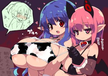 2girls :d areola_slip bare_shoulders black_bra black_choker black_gloves blue_hair blush bra breasts brooch bursting_breasts choker covered_erect_nipples deathlock-san demon_wings elbow_gloves gloves hand_up heart heart_brooch highres huge_breasts ishtar-san jewelry kanano_(zankuro) large_breasts looking_at_viewer medium_hair multiple_girls open_mouth original pink_eyes pink_hair pointy_ears red_background red_eyes sidelocks smile speech_bubble straight_hair tareme tsurime underboob underwear v_arms wings zankuro