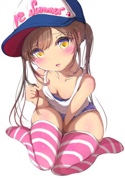 1girl absurdres bare_arms baseball_cap between_legs blue_shorts blush breasts brown_hair cleavage collarbone denim denim_shorts downblouse hand_between_legs hat highres loli long_hair looking_at_viewer ninyo_(user_pddg5877) open_mouth original pink_thighhighs short_shorts shorts sidelocks simple_background sitting small_breasts solo striped_clothes striped_thighhighs tank_top thighhighs thighs twintails variant_set wariza white_background white_tank_top yellow_eyes