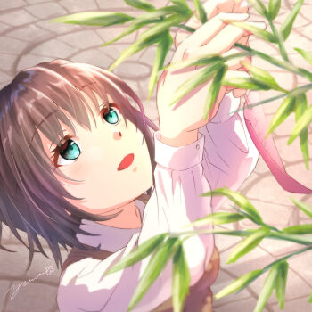 1girl :d aoi_erika aqua_eyes black_hair blush brown_vest collared_shirt commentary_request day hair_between_eyes heaven_burns_red highres leaf long_sleeves looking_up medium_hair open_mouth outdoors shirt signature smile solo tanabata upper_body vest white_shirt yumeclo