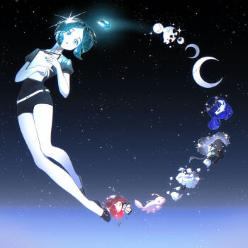 Rule 34 | > <, 1other, androgynous, antarcticite, aqua eyes, aqua gem, aqua hair, aqua nails, black shirt, black shoes, black shorts, bloom, character doll, cinnabar (houseki no kuni), circle formation, clipboard, colored skin, commentary request, crescent, crescent moon, crystal hair, doll, eyeball, gem, gem uniform (houseki no kuni), ghost quartz (houseki no kuni), glint, glowing gem, gradient sky, highres, holding, holding clipboard, houseki no kuni, if happiness is a circle (meme), lapis lazuli (houseki no kuni), looking at viewer, meme, midair, moon, other focus, parted lips, phosphophyllite, puffy short sleeves, puffy sleeves, shirt, shoes, short sleeves, shorts, sky, slug, star (sky), starry sky, starry sky background, ventricosus, white skin, wildness nightmare