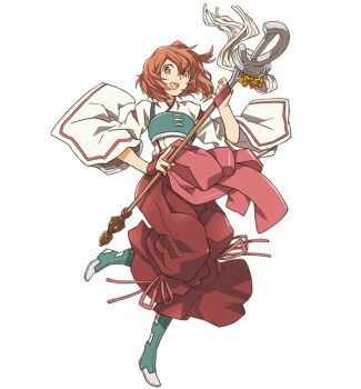Rule 34 | 10s, 1girl, brown eyes, brown hair, female focus, hakama, hakama skirt, hara kazuhiro, holding, japanese clothes, kimono, leg up, log horizon, miko, minori (log horizon), official art, open mouth, pink ribbon, red hakama, ribbon, short hair, simple background, skirt, solo, staff, standing, white background