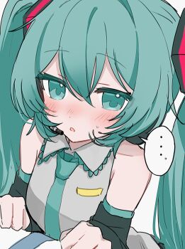 ... 1girl bare_shoulders black_sleeves blush collarbone collared_shirt commentary_request detached_sleeves green_eyes green_hair green_necktie grey_shirt hair_between_eyes hatsune_miku highres long_hair long_sleeves looking_at_viewer necktie parted_lips shirt simple_background sleeveless sleeveless_shirt solo_focus spoken_ellipsis sweat twintails very_long_hair vocaloid white_background yukia_1128