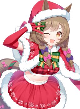 1girl absurdres animal_ears bananatsukis blush bow braid breasts brown_eyes brown_hair capelet christmas cropped_shirt detached_sleeves ears_through_headwear fur-trimmed_gloves fur-trimmed_headwear fur_trim gloves hair_between_eyes hair_bow hair_ornament hat highres horse_ears horse_girl horse_tail long_hair looking_at_viewer midriff multiple_hair_bows navel one_eye_closed open_mouth pink_bow purple_bow red_capelet red_gloves red_shirt red_skirt santa_costume santa_hat shirt simple_background skirt smart_falcon_(umamusume) smile solo tail tail_bow tail_ornament twin_braids twintails umamusume v