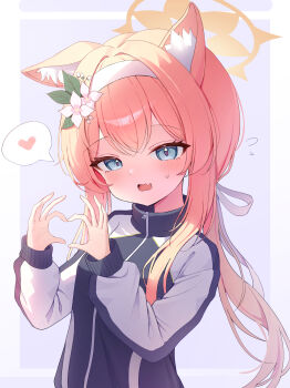 1girl animal_ears blonde_hair blue_archive blue_eyes blush breasts cat_ears dlrkdals070707 fang gym_uniform halo heart heart_hands highres long_hair looking_at_viewer mari_(blue_archive) mari_(track)_(blue_archive) official_alternate_costume official_alternate_hairstyle open_mouth small_breasts solo upper_body yellow_halo