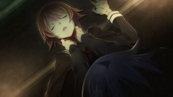 1boy 1girl asphyxiation black_jacket blazer blood blood_on_hands breasts chaos;child choke_hold cropped_jacket dim_lighting drooling dutch_angle fingernails from_above game_cg hand_on_another's_neck hands_on_another's_neck hekiho_academy_school_uniform highres jacket long_sleeves medium_breasts miyashiro_takuru neck_grab non-web_source official_art onoe_serika open_mouth pink_hair sailor_collar sailor_shirt saliva sasaki_mutsumi science_adventure shirt short_hair_with_long_locks strangling tongue white_sailor_collar