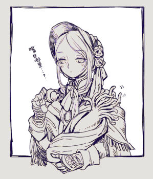 1girl bloodborne bonnet chinese_text closed_mouth commentary doll_joints dress expressionless flower fringe_trim greyscale hair_flower hair_ornament hunter_(great_one)_(bloodborne) joints kanon_(rsl) looking_at_viewer monochrome pacifier plain_doll short_hair solo translation_request