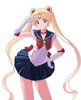 1girl 88_77k back_bow bishoujo_senshi_sailor_moon blonde_hair blue_sailor_collar blue_skirt bow bowtie choker circlet crescent crescent_choker crescent_earrings double_bun earrings elbow_gloves gloves hair_bun hand_on_own_hip hashtag-only_commentary highres jewelry long_hair looking_at_viewer magical_girl pleated_skirt purple_eyes red_bow red_bowtie red_choker sailor_collar sailor_moon sailor_senshi sailor_senshi_uniform simple_background skirt smile solo tsukino_usagi twintails v white_background white_gloves