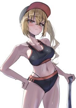1girl :&lt; absurdres alternate_costume baseball_bat baseball_cap black_panties black_tank_top blonde_hair blush breasts hand_on_own_hip hat highres holding holding_baseball_bat luciana_de_montefio medium_breasts navel panties red_eyes side_ponytail simple_background solo stomach sweat tank_top tora_(kumo_sakamoto) underwear white_background zenless_zone_zero