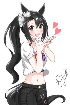 1boy 1girl absurdres abyss_kpn_(ki) animal_ears black_hair black_pants black_sports_bra crop_top crop_top_overhang ear_ornament ear_through_crown glowstick green_eyes hair_between_eyes happi heart highres holding holding_glowstick horse_ears horse_girl horse_tail horseshoe_print japanese_clothes long_hair looking_at_viewer midriff multicolored_hair navel official_alternate_costume pants satono_crown_(umamusume) shirt shirt_overhang short_sleeves side_ponytail simple_background solo_focus sports_bra sports_bra_peek streaked_hair t-head_trainer_(umamusume) t-shirt tail trainer_(umamusume) uma_summer_(umamusume) umamusume white_background white_hair white_shirt