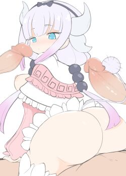1girl 3boys ass black_bow blue_eyes blush bottomless bow breasts censored dragon_girl dragon_horns dragon_tail expressionless hair_bow highres horns huge_ass imminent_fellatio kanna_kamui kobayashi-san_chi_no_maidragon kyojiri_loli large_penis long_hair long_sleeves looking_at_penis medium_breasts mosaic_censoring multiple_boys penis sex tail tapiocadrop white_background white_hair
