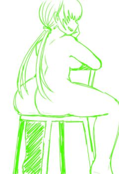 1girl asphyxia814 ass breasts chair curvy from_behind huge_ass huge_breasts large_breasts long_hair pale_skin ponytail shermie_(kof) sitting smiley_face the_king_of_fighters twintails