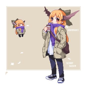 1girl bag black_pants black_shoes blush_stickers border bow brown_horns character_name chibi coat commentary_request cup disposable_cup drinking drinking_straw full_body grey_background grey_bow grey_coat hair_bow holding holding_cup horns ibuki_suika kumamoto_(bbtonhk2) long_hair long_sleeves multiple_views open_clothes open_coat orange_hair outside_border pants pixel_art purple_scarf red_eyes romaji_text scarf shirt shoes standing touhou white_border white_shirt