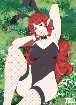 1girl absurdres animal_ear_hairband animal_ears armpits arms_behind_head arms_up artist_logo artist_name bare_arms black_bow black_bowtie black_hairband black_leotard blurry blurry_background bow bowtie breasts cleavage closed_mouth commentary covered_navel depth_of_field detached_collar fake_animal_ears feet_out_of_frame fishnet_thighhighs fishnets grass green_eyes hairband highleg highleg_leotard highres large_breasts leotard light_smile lips logo looking_at_viewer lying myria_(r3dfive) on_back on_ground original outdoors parted_bangs playboy_bunny pointy_ears r3dfive rabbit_ear_hairband rabbit_ears red_lips solo strapless strapless_leotard swept_bangs thighhighs thighs traditional_bowtie white_wrist_cuffs wrist_cuffs