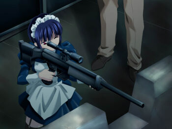 1boy 1girl assassin_lesson_kioku_no_youin_shoujo game_cg gun h&amp;k_psg1 heckler_&amp;_koch maid maidfuku meidofuku rifle scope sniper sniper_rifle sniping weapon