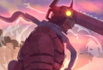 1boy absurdres an2sketch chainsaw chainsaw_devil chainsaw_man denji_(chainsaw_man) extra_arms facing_to_the_side highres horns intestine_clothing intestines male_focus multiple_boys open_mouth organs pull_cord scarf sharp_teeth simple_background spoilers teeth