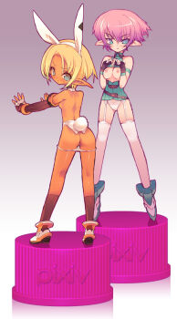2girls 3d :o animal_ears armband ass back bad_id bad_pixiv_id bare_shoulders belt belt_skirt blade_(galaxist) blonde_hair blue_eyes blush breasts breasts_out dark-skinned_female dark_skin elbow_gloves elf fake_animal_ears fake_tail fingerless_gloves from_behind full_body garter_straps gloves gradient_background hairband halterneck kneehighs kneepits lace lace-trimmed_panties lace_trim long_pointy_ears looking_at_viewer looking_back multiple_girls nipples open_mouth original outstretched_arms own_hands_together panties panty_pull pink_hair pixiv_bottlecap pointy_ears rabbit_ears rabbit_tail short_hair sideboob small_breasts socks standing sweatdrop tail thighhighs turtleneck underwear white_legwear white_panties
