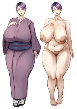 1girl breasts completely_nude female_pubic_hair grandma hair_up hand_on_own_chest highres huge_breasts japanese_clothes kimono large_areolae lips mature_female multiple_views narrowed_eyes navel nipples nude obi old old_woman original plump pubic_hair purple_eyes purple_hair purple_kimono pussy sash short_hair slippers socks solo standing tabi thick_thighs thighs toshi_(8868750) wide_hips