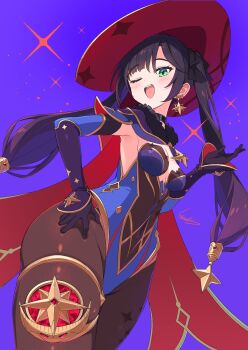 Rule 34 | 1girl, ;d, ass, black choker, blue hat, blue leotard, bodystocking, breasts, choker, commentary request, earrings, genshin impact, hand on own hip, hand up, hat, hat ornament, highres, jewelry, kamuraaa 615, leotard, looking at viewer, mona (genshin impact), one eye closed, open mouth, pantyhose, purple background, purple hat, simple background, small breasts, smile, solo, sparkle print, star (symbol), star earrings, thighlet, twintails, wide hips, witch hat