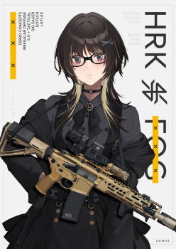 1other androgynous artist_logo artist_name artist_self-insert assault_rifle black_choker black_eyes black_hair black_jacket black_ribbon black_shirt brown_hair choker collared_shirt english_text glasses gun hair_ornament hand_on_own_hip highres hiroki_ree jacket logo long_hair long_sleeves looking_at_viewer multicolored_hair neck_ribbon off_shoulder original ribbon rifle self-portrait shirt sig_mcx streaked_hair suppressor weapon x_hair_ornament