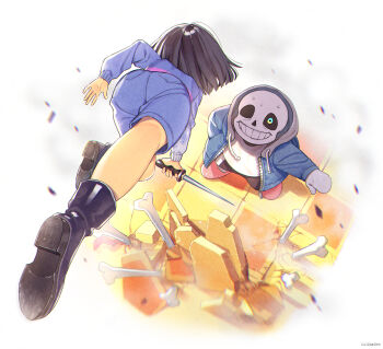 1boy 1other aqua_eyes black_footwear blue_jacket blue_shorts blue_sweater bone boots brown_hair commentary_request crack cracked_floor denim denim_shorts frisk_(undertale) from_above full_body grey_hood grin highres holding holding_knife hood hood_down jacket knife long_sleeves looking_at_another multicolored_eyes open_clothes open_jacket perspective purple_sweater sans_(undertale) shirakino shirt short_hair shorts skeleton slippers smile striped_clothes striped_sweater sweat sweater tile_floor tiles two-tone_eyes two-tone_sweater undertale utdr_(toby_fox) white_shirt yellow_eyes