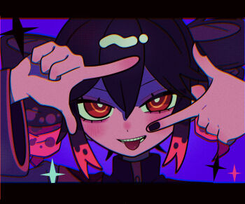 1girl black_hair black_nails bright_pupils close-up commentary_request double-parted_bangs drill_hair facing_viewer fingernails hair_between_eyes highres kasane_teto multicolored_hair nail_polish okayu_(okayuyuyu2) pink_hair q&amp;a_(utau) red_eyes red_trim shaded_face solo teeth tongue tongue_out twin_drills two-tone_hair utau white_pupils wide_sleeves