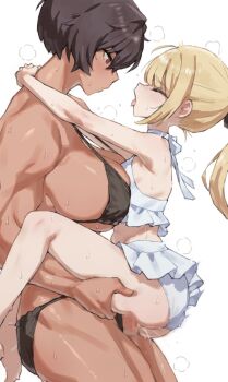 1futa 1girl blonde_hair blush breasts brown_hair dark_skin futa_with_female futanari hands_on_another&#039;s_thighs height_difference highres kei_(m_k) large_breasts long_hair m_k original ponytail red_eyes rika_(m_k) sex short_hair simple_background size_difference standing sweat swimsuit tan vaginal