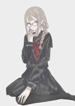 1girl black_pantyhose black_sailor_collar black_serafuku black_shirt black_skirt braid brown_hair closed_mouth commentary_request glasses grey_background grey_eyes hair_over_shoulder highres long_sleeves looking_at_viewer low_twintails neckerchief no_shoes noanoa-iroha original pantyhose pleated_skirt red_neckerchief sailor_collar school_uniform serafuku shirt simple_background sitting skirt solo twin_braids twintails wariza