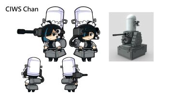 1girl ahoge aqua_hair black_hair character_name ciws clenched_hands closed_mouth commentary english_commentary fingerless_gloves full_body gatling_gun gloves hair_over_one_eye highres maid_headdress medium_hair multiple_views nchproductions original phalanx_ciws reference_inset simple_background standing white_background