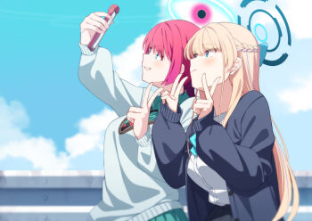 2girls 85neko absurdres amate_yuzuriha aqua_eyes aqua_shirt aqua_skirt black_cardigan black_halo blonde_hair blue_archive blue_eyes blue_halo blue_sky braid cardigan cellphone cloud collared_shirt crossover dress_shirt grin gundam gundam_gquuuuuux half_up_braid halo highres long_hair looking_at_phone multiple_girls necktie phone red_hair selfie shirt short_hair skirt sky smartphone smile striped_necktie taking_picture toki_(blue_archive) toki_(school_uniform)_(blue_archive) upper_body white_shirt