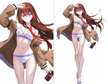 1girl arm_strap arm_up artist_name bikini breasts brown_hair brown_jacket commentary_request dr_pepper flip-flops hair_between_eyes jacket light_blush long_hair looking_at_viewer makise_kurisu navel necktie off-shoulder_jacket off_shoulder open_clothes open_jacket parted_lips purple_eyes red_necktie sandals science_adventure shirase_rin signature small_breasts steins;gate swimsuit thigh_gap white_bikini