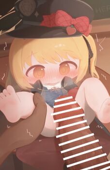 1boy 1girl absurdres bar_censor barefoot black_coat blonde_hair blue_archive blush bow censored chinese_commentary coat commentary_request halo hat hat_bow hetero highres ibuki_(blue_archive) loli middletwo paid_reward_available partial_commentary penis ribbon side_ponytail soles yellow_eyes yellow_halo