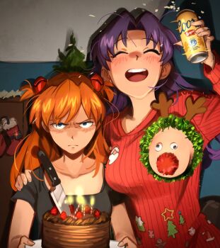 2girls ^_^ absurdres angry ankle_monitor black_shirt blue_eyes blush breasts cake can candle chocolate_cake christmas closed_eyes commentary coors_(beer) english_commentary facing_viewer food googly_eyes highres holding holding_can interface_headset_(evangelion) katsuragi_misato khyle. knife long_hair looking_at_viewer medium_breasts multiple_girls neon_genesis_evangelion no_bra one_breast_out open_mouth orange_hair purple_hair red_sweater reindeer_boob_(meme) revision shirt small_breasts smile souryuu_asuka_langley strawberry_cake sweater