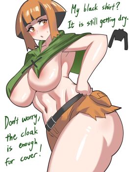 1girl areola_slip belt black_hair blush breasts capelet cargo_shorts english_text gardenia_(pokemon) highres huge_breasts looking_to_the_side multicolored_hair navel nintendo orange_eyes orange_hair pokemon pokemon_dppt short_hair shorts solo sweatdrop thick_thighs thighs two-tone_hair wide_hips ytrall