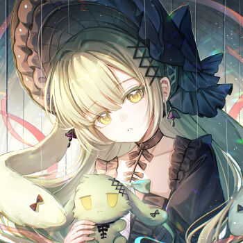 1girl animal_ears aoko_(amamiya_aoko) arknights bang_dream! bang_dream!_it&#039;s_mygo!!!!! black_bonnet black_choker bonnet choker commentary_request floppy_ears gothic_lolita green_hair hair_ornament highres holding holding_stuffed_toy lolita_fashion long_hair looking_at_viewer parted_lips rabbit_ears rabbit_girl sidelocks solo stuffed_animal stuffed_rabbit stuffed_toy upper_body wakaba_mutsumi wakaba_mutsumi_(marionette&#039;s_id) x_hair_ornament yellow_eyes