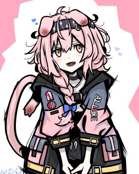 1girl :d absurdres animal_ears arknights artist_name black_choker black_hairband blue_bow blush bow braid choker clothes_writing commentary commentary_request dosei_no_kozika english_commentary goldenglow_(arknights) hair_between_eyes hair_bow hairband heart heart-shaped_pupils highres long_hair looking_at_viewer messy_hair mixed-language_commentary open_mouth own_hands_together partial_commentary pink_hair pink_tail smile solo symbol-shaped_pupils tail tail_raised three-quarter_sleeves white_background yellow_eyes