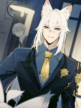 Rule 34 | 3boys, 5005910z, animal ear fluff, animal ears, blurry, blurry foreground, cat boy, cat ears, colored tips, commentary request, crossed bangs, grey hair, grey shirt, hair between eyes, highres, lamp, long hair, looking at another, male focus, multicolored hair, multiple boys, necktie, parted lips, police, police badge, police uniform, policeman, seth lowell, severian lowell, shirt, short hair, white hair, wise (zenless zone zero), yellow eyes, yellow necktie, zenless zone zero
