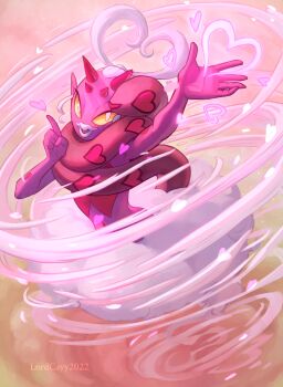 1girl 2022 bright_pupils dated demon_horns enamorus enamorus_(incarnate) heart horns lordcayy nintendo open_mouth outstretched_arms pink_background pointy_ears pokemon pokemon_(creature) pokemon_focus smile solo tornado white_hair white_lips white_pupils wind yellow_eyes
