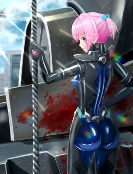 1girl armored_bodysuit blood blood_stain blue_eyes bodysuit crossover fortified_suit fusou_(fuso0205) highres impossible_bodysuit impossible_clothes kantai_collection looking_at_viewer looking_back mecha_pilot_suit muv-luv muv-luv_alternative pink_hair shiranui_(kancolle) solo tactical_surface_fighter type_94_shiranui