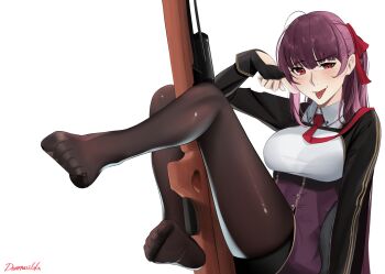 1girl arm_out_of_frame artist_name black_gloves black_jacket black_thighhighs blush breasts commentary darkpulsegg fingerless_gloves full_body girls'_frontline gloves hair_ribbon hand_up highres jacket legs legs_up long_hair long_sleeves looking_at_viewer medium_breasts necktie open_mouth purple_hair purple_skirt red_eyes red_necktie red_ribbon ribbon shirt sitting skirt smile solo thighhighs tongue tongue_out wa2000_(girls'_frontline) white_background white_shirt