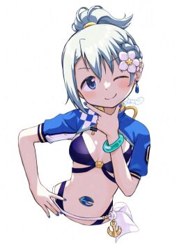 Rule 34 | 1girl, asukaru (magika ru), asymmetrical bangs, bikini, black bikini, blue eyes, blue gemstone, blue hair, blue jacket, blue nails, bracelet, braid, breasts, checkered clothes, checkered jacket, cleavage, closed mouth, cropped legs, dated, dot nose, earrings, flower, gem, hair between eyes, hair flower, hair ornament, hair tie, hand on own chin, hand on own hip, happy, high ponytail, highleg, highleg bikini, jacket, jewelry, light blush, magia record: mahou shoujo madoka magica gaiden, mahou shoujo madoka magica, miki sayaka, miki sayaka (surfer ver.), nail polish, official alternate costume, official style, one eye closed, open clothes, open jacket, pendant earring, ponytail, puffy short sleeves, puffy sleeves, sarong, short hair, short ponytail, short sleeves, side braid, signature, simple background, single bare arm, single braid, single earring, smile, solo, stomach, stomach jewel, swimsuit, tareme, turtleneck, turtleneck jacket, updo, white background, white flower, white sarong, zipper