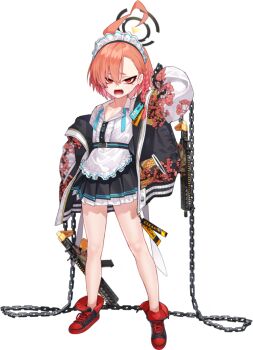 1girl ahoge apron arm_at_side arm_up asymmetrical_bangs belt black_halo black_nails black_skirt blue_archive blue_ribbon braid buttons center_frills chain collarbone collared_shirt cross-laced_shoes delinquent dragon_print earrings english_text fang female_focus flat_chest floral_print frilled_apron frills full_body game_asset gun hair_between_eyes halo jacket jewelry large_variant_set legs long_sleeves looking_at_viewer maid maid_headdress medium_hair miniskirt mole mole_under_eye mx2j neck_ribbon neru_(blue_archive) off_shoulder official_art open_clothes open_jacket open_mouth orange_hair pleated_skirt pocket print_jacket raglan_sleeves raised_inner_eyebrows red_eyes red_shoes ribbon shirt shirt_tucked_in shoes sig_mpx simple_background single_braid skirt solo standing stud_earrings submachine_gun sukajan tachi-e tag teeth thighs third-party_source tongue transparent_background undone_neck_ribbon variant_set waist_apron weapon white_apron white_shirt white_sleeves zipper zipper_pull_tab
