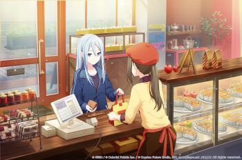 2girls apple apple_pie artist_collaboration bag beret blue_eyes blue_hair blue_jacket brown_hair cashier closed_mouth colorful_palette commentary commentary_request english_commentary food from_above from_behind fruit game_cg hair_between_eyes hat highres indoors jacket kuwabara_(mola_8) light_smile long_hair long_sleeves mixed-language_commentary multiple_girls negai_wa_itsuka_asa_wo_koete_(project_sekai) official_art pie pie_slice project_sekai red_hat shop shopping shopping_bag slice_of_life split_mouth track_jacket yoisaki_kanade