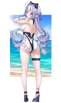 1girl ass backless_outfit backless_swimsuit beach blue_sky blush breasts closed_mouth cloud commentary day from_behind full_body halterneck hand_up high_heels highres large_breasts long_hair looking_at_viewer looking_back matrix16 medium_breasts mole mole_under_eye multicolored_hair ocean official_alternate_costume one-piece_swimsuit pointy_ears purple_hair red_eyes sideboob sky smile solo streaked_hair sweat swimsuit thigh_strap vivian_banshee vivian_banshee_(iris_of_the_shore) white_hair white_one-piece_swimsuit wrist_cuffs zenless_zone_zero