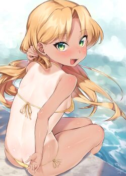 1girl :d absurdres ass back bare_arms bare_shoulders bikini blonde_hair blush breasts butt_crack day from_behind gold_bikini highres jiyasu loli long_hair looking_at_viewer one-piece_tan open_mouth outdoors ruri_no_houseki sitting small_breasts smile solo string_bikini swimsuit tan tanigawa_ruri tanline water